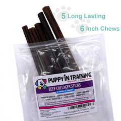 Puppy In Training beef collagen stick pack back view with product details and low odor claim