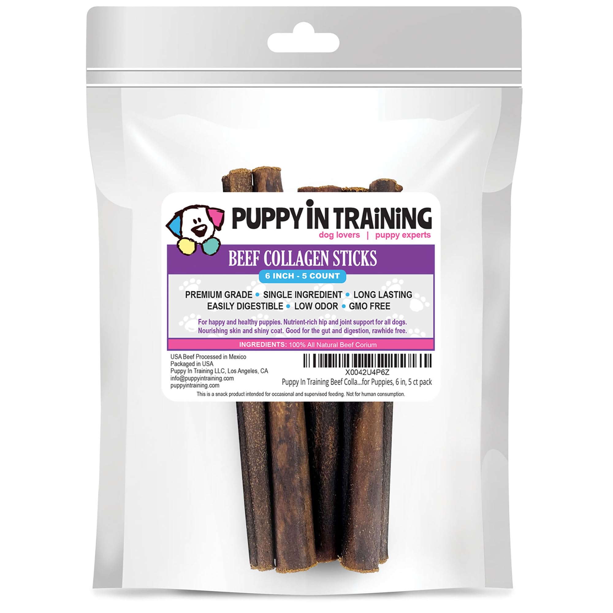 Puppy In Training beef collagen stick pack front view showing rawhide-free chew option for puppies