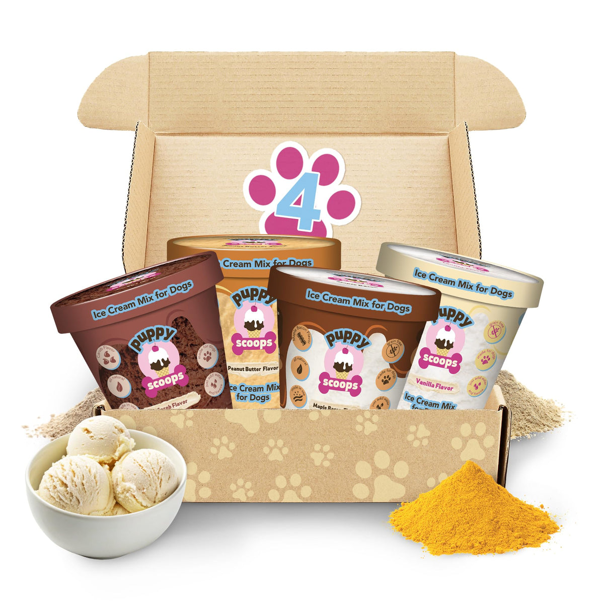 Puppy Scoops dog ice cream mix variety pack front view showing 4 flavors for easy at-home treats
