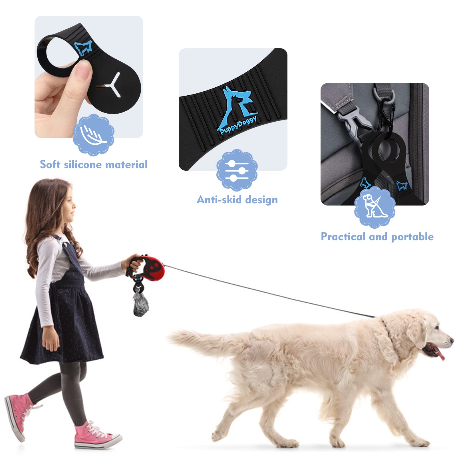 PuppyDoggy silicone poop bag holder in blue withstands weather changes.
