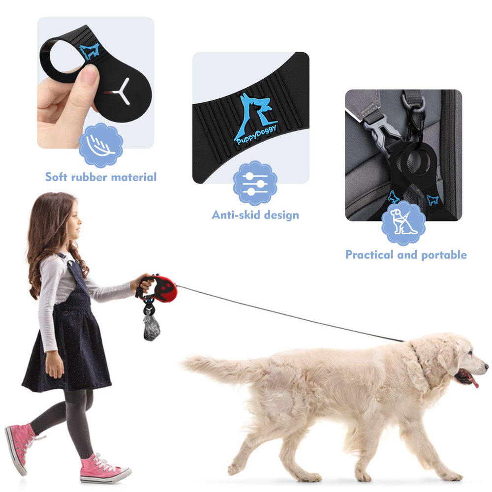 PuppyDoggy holder mounted on bicycle carrier showing hands-free convenience during rides.