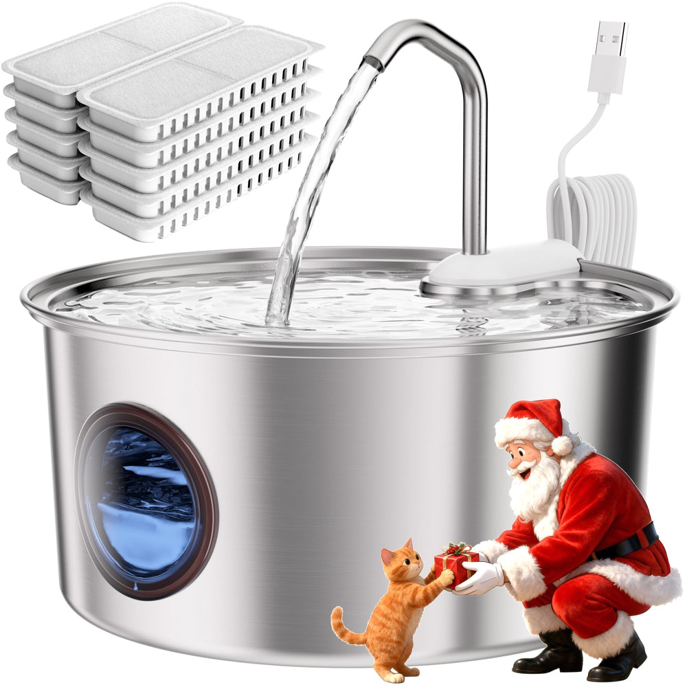 Puppyspout cat water fountain front view showing stainless steel body for durability