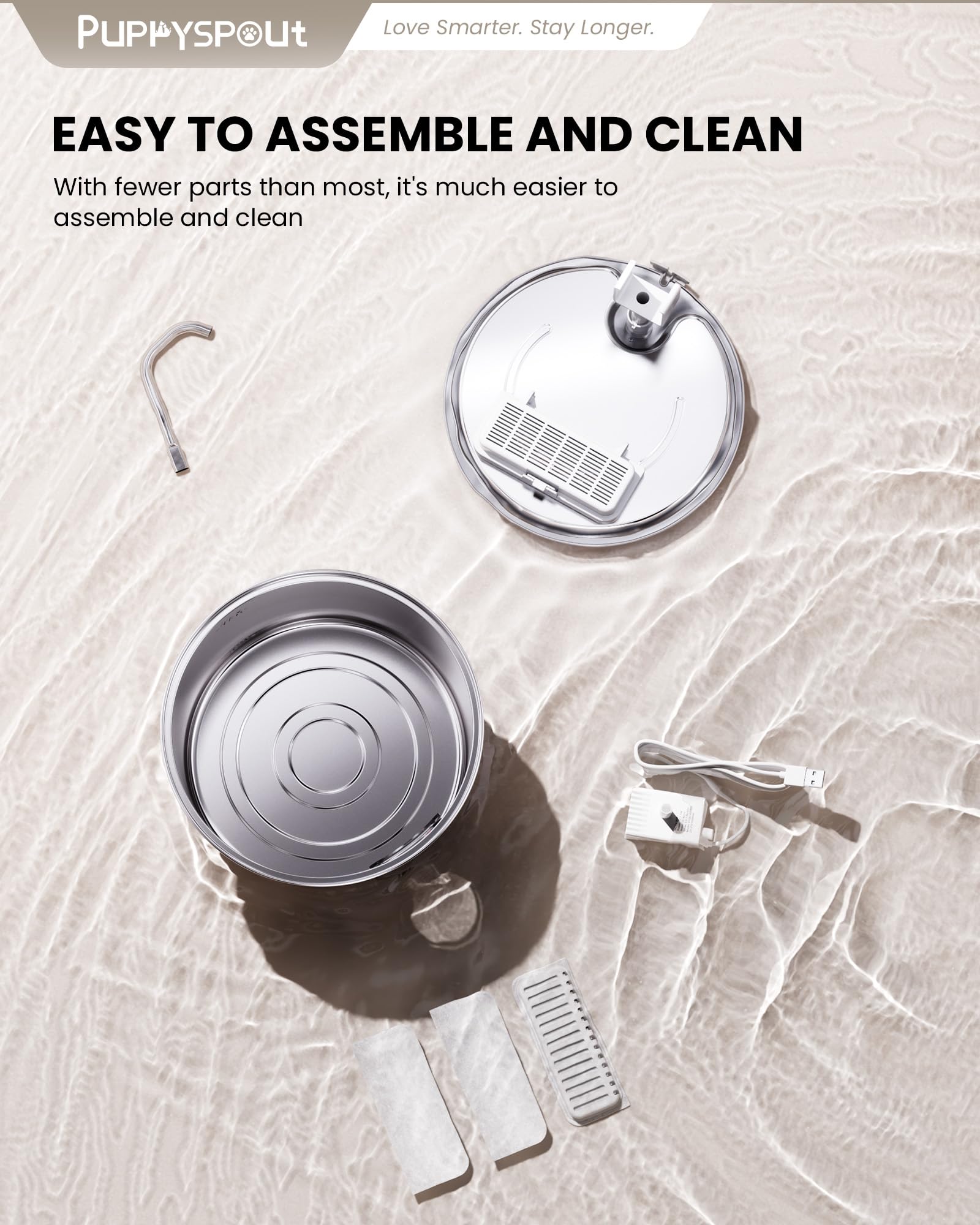 Puppyspout stainless steel cat fountain top view highlights compact footprint