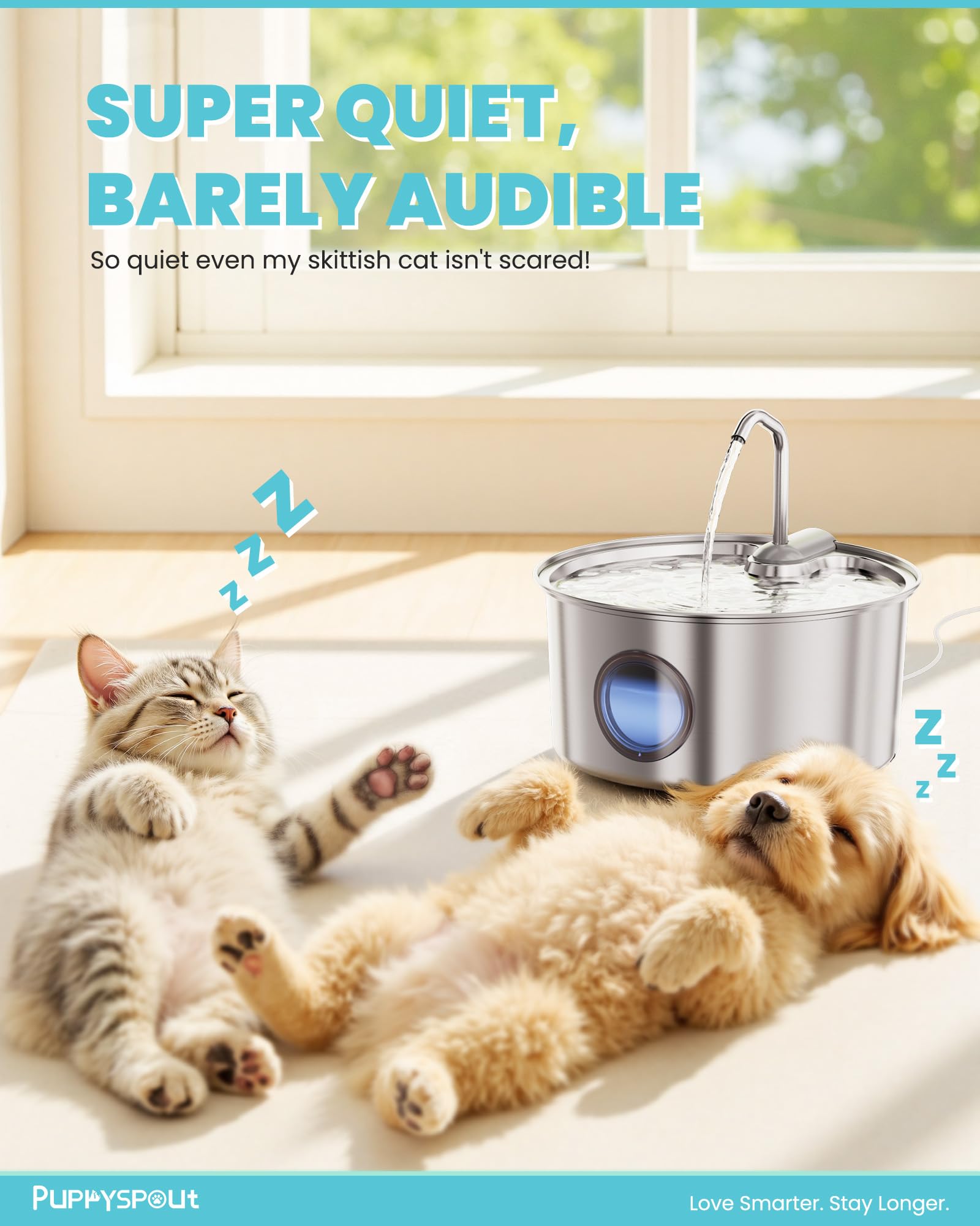 Puppyspout stainless steel fountain filtration system ensures clean, fresh-tasting water.