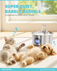 Puppyspout stainless steel fountain filtration system ensures clean, fresh-tasting water.