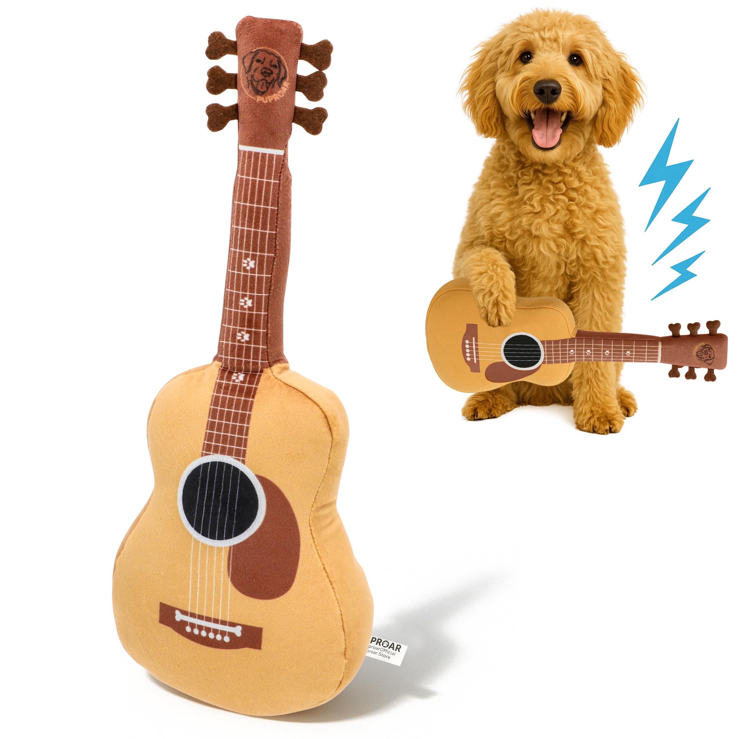 PUPROAR Acoustic Guitar Dog Toy close-up showing squeaker for interactive playtime