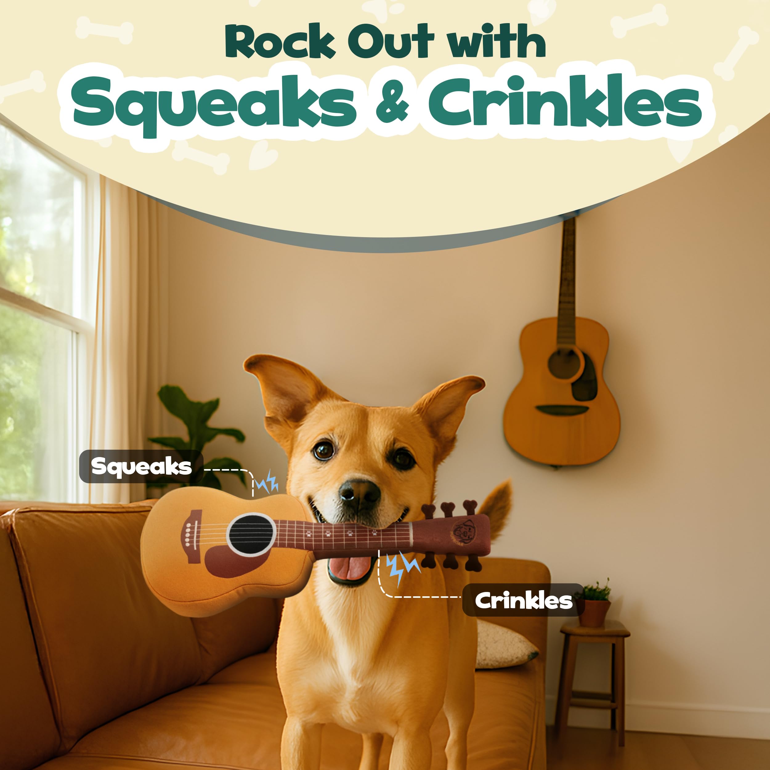PUPROAR Acoustic Guitar Dog Toy stitched strings for photo-ready moments