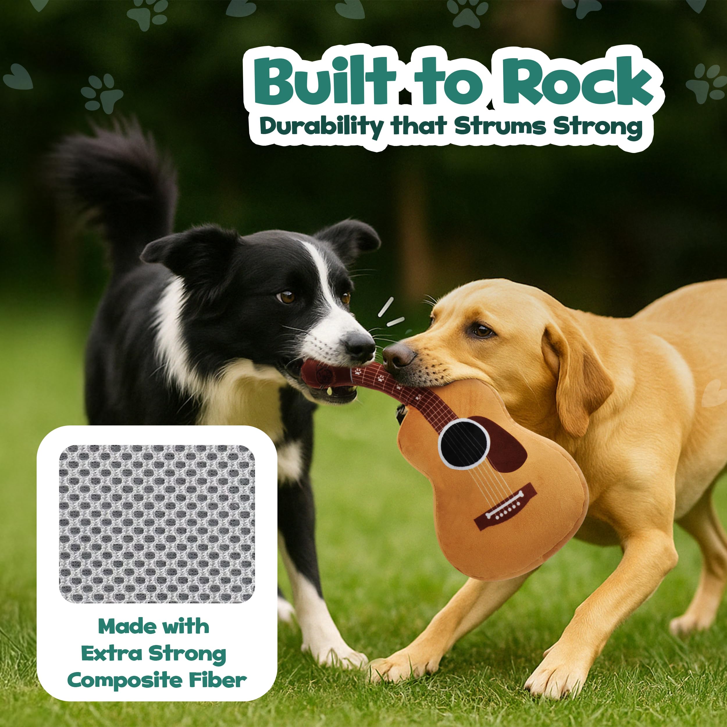 PUPROAR Acoustic Guitar Dog Toy during fetch and toss games with soft plush