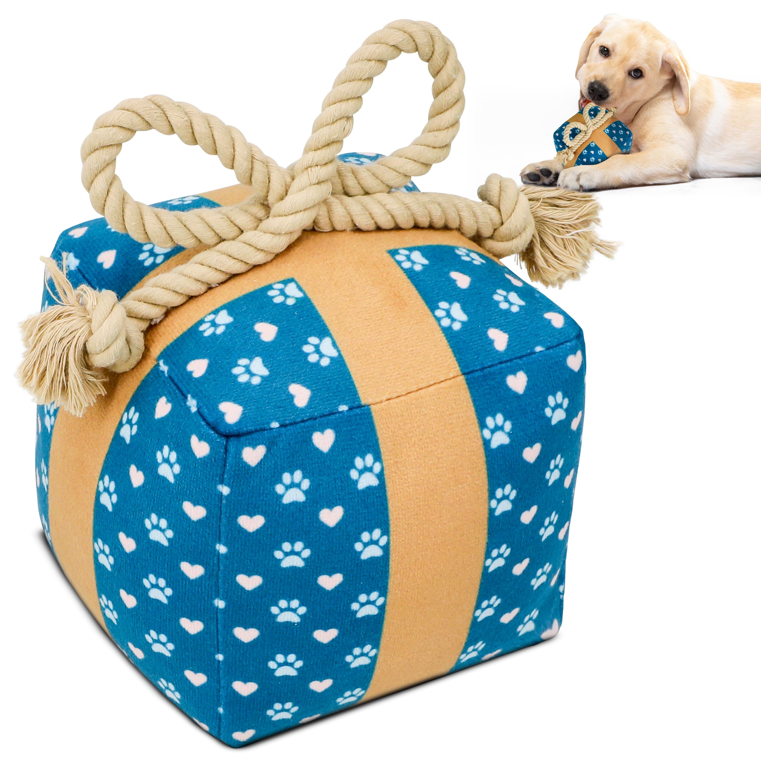 PUPROAR gift box dog toy with present wrap highlights festive gifting and puppy delight.