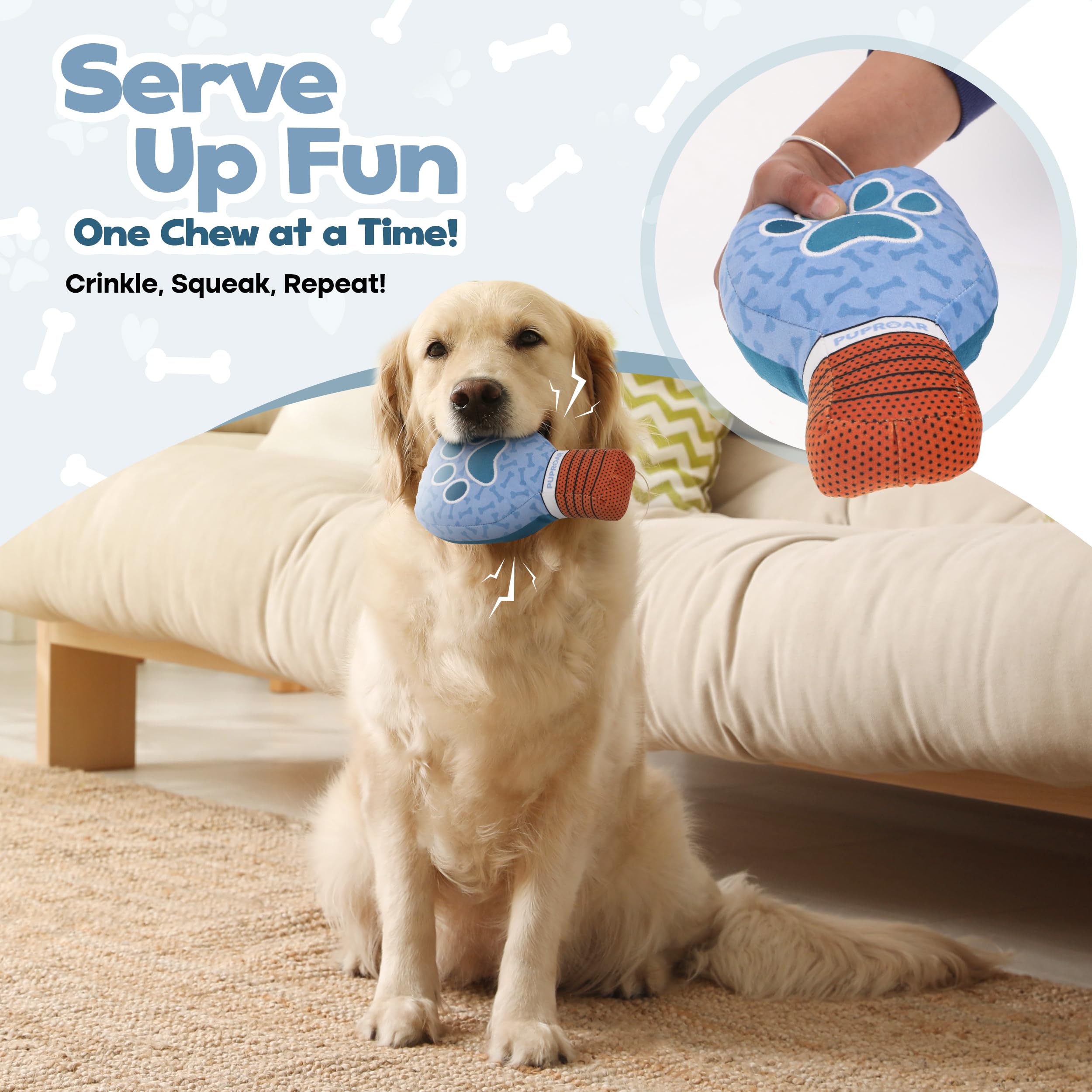 PUPROAR pickleball dog toy paddle with crinkle handle adds tactile play.