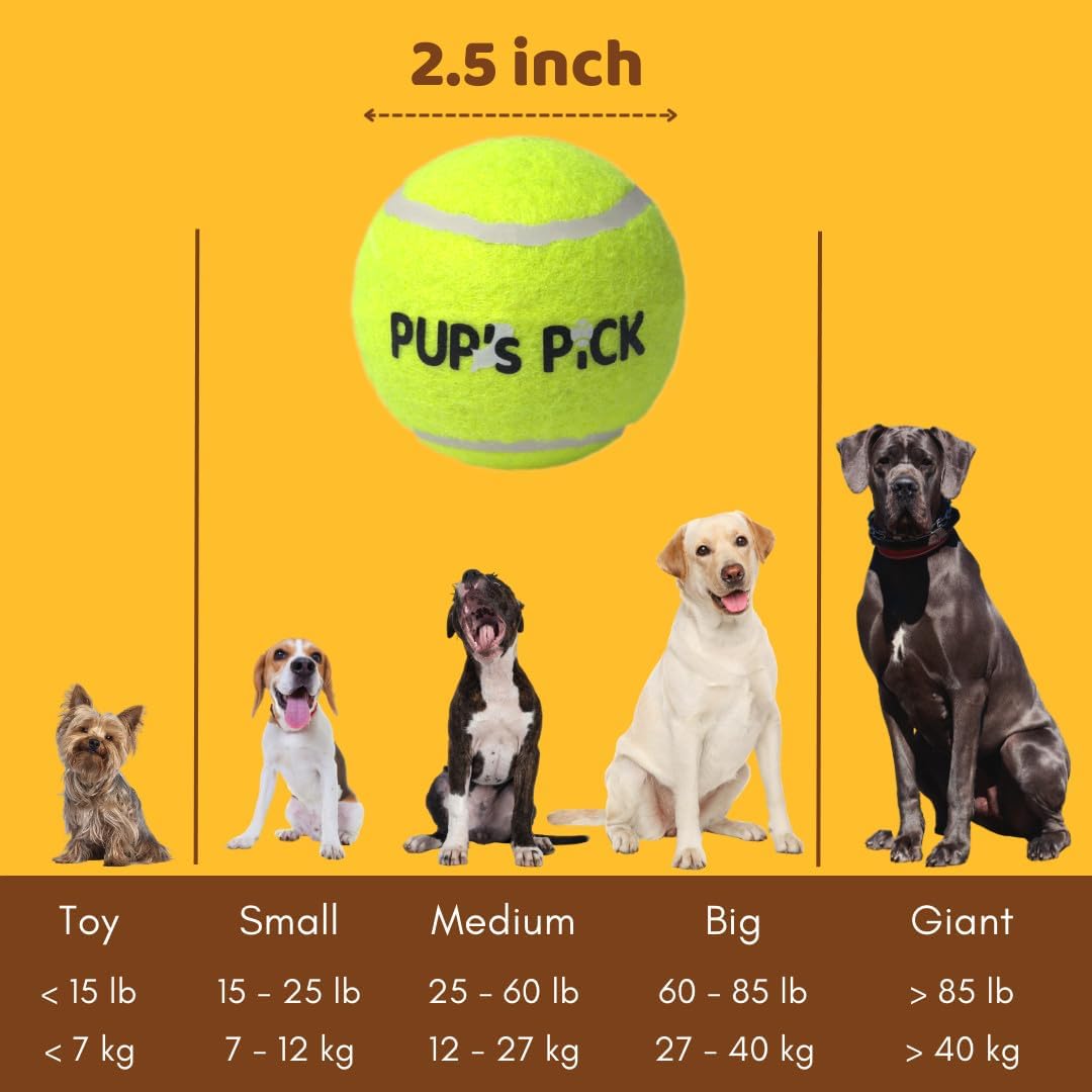 Pup's Pick squeaky tennis ball close-up highlights durable squeaker.