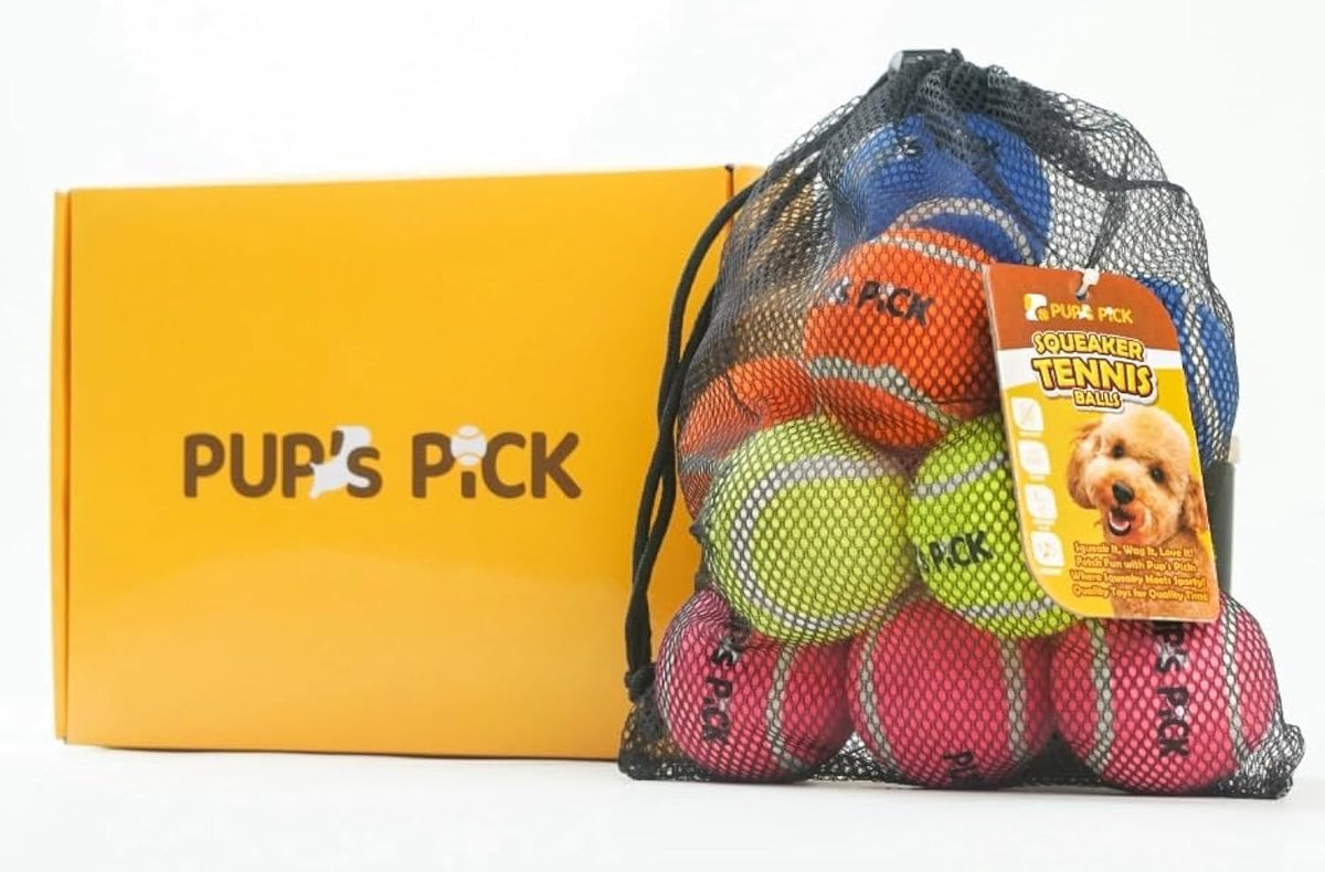 Pup's Pick yellow squeaky tennis ball for high-visibility fetch outdoors.
