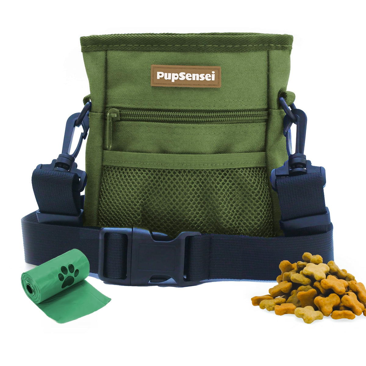 PupSensei dog treat pouch in army green shows durable oxford for long-lasting training