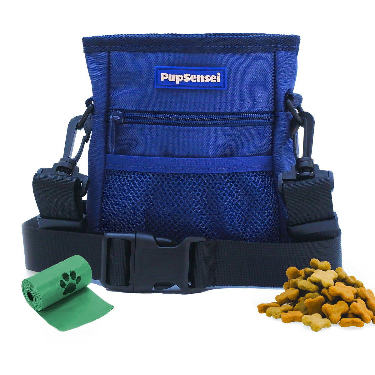 PupSensei dog treat pouch front view in navy, ready for training sessions.