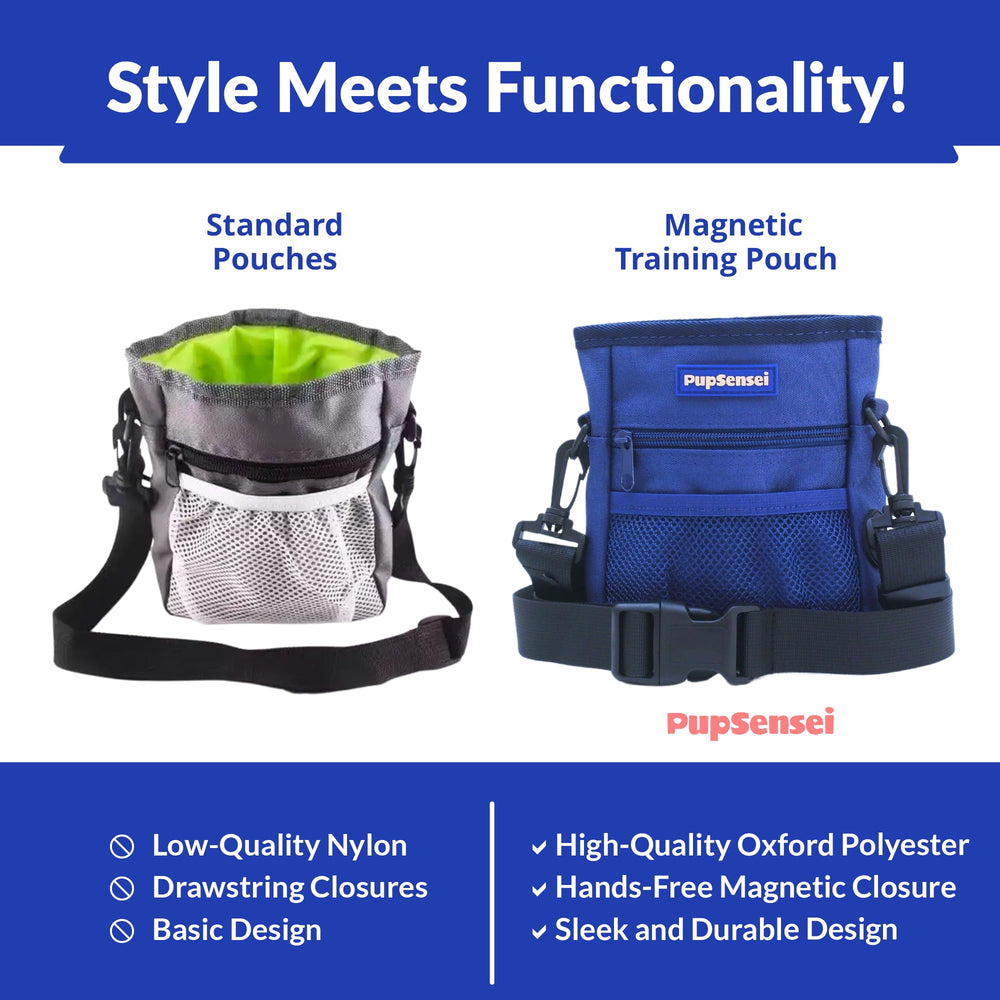 PupSensei poop bag dispenser integrated into pouch facilitates cleanup on-the-go.