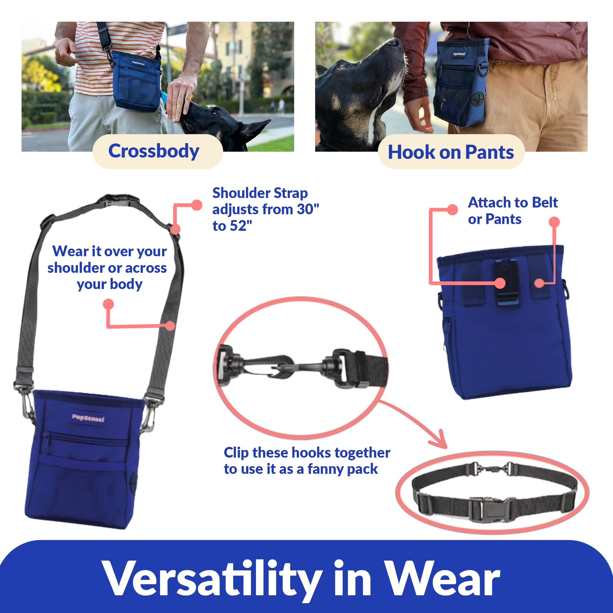 PupSensei waist belt-ready design keeps hands free during longer training walks.