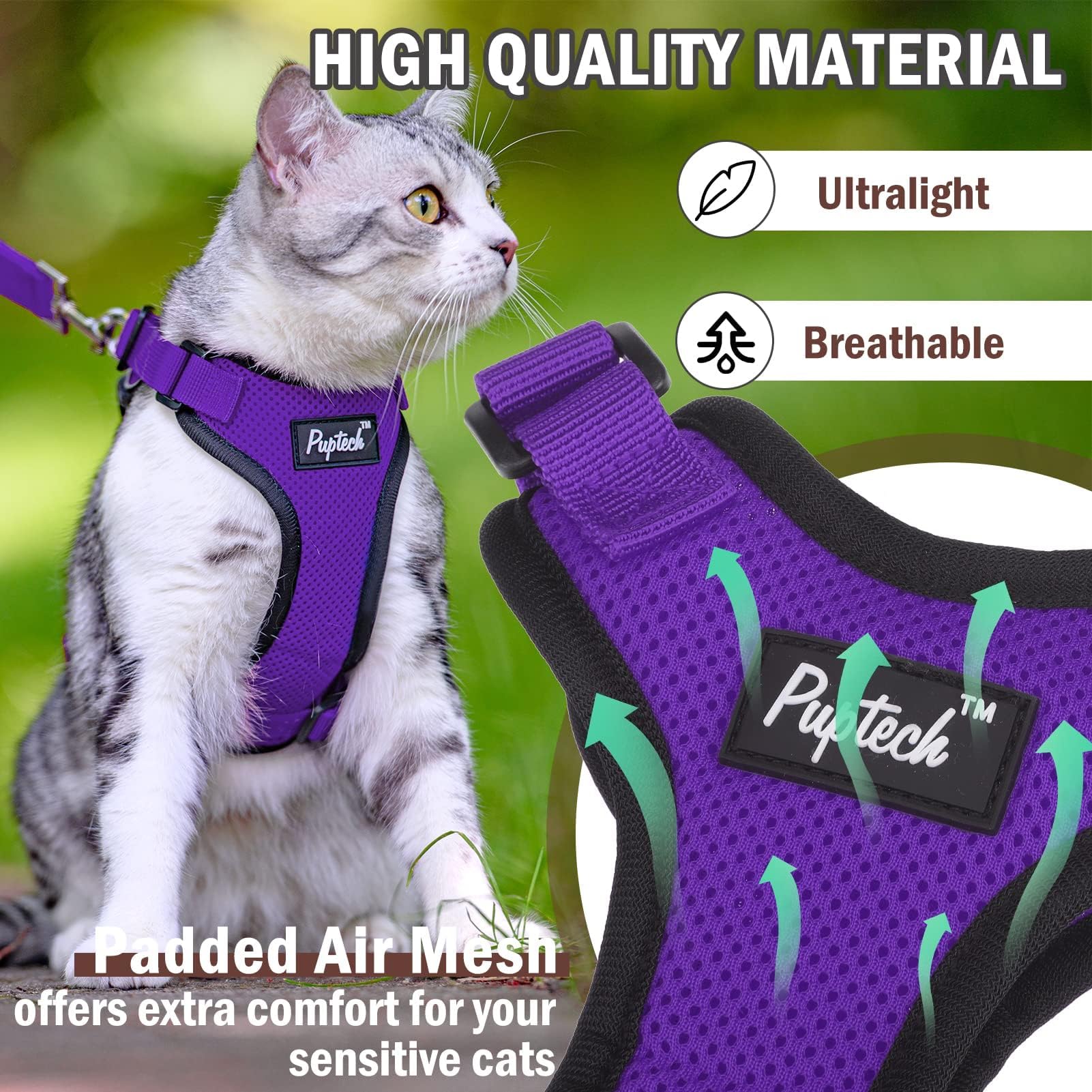 PUPTECK breathable air-mesh harness keeps cats cool during sunny strolls.