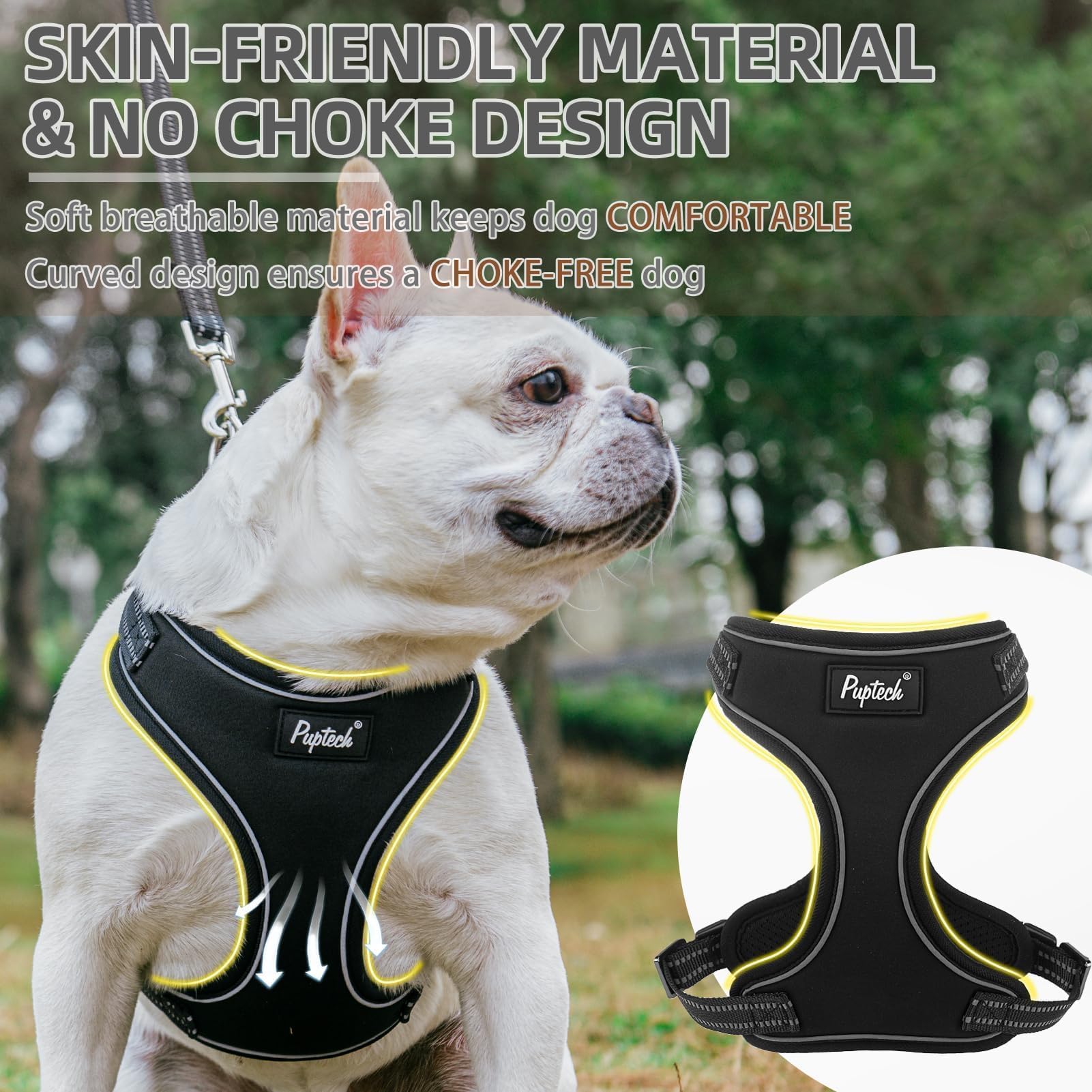 PUPTECK harness small back view with reflective strips enhancing night safety.