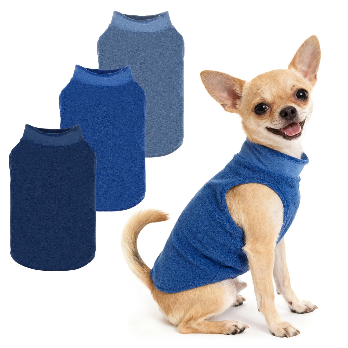 PUPTECK 3-pack fleece dog sweaters in navy for cozy warmth during walks.