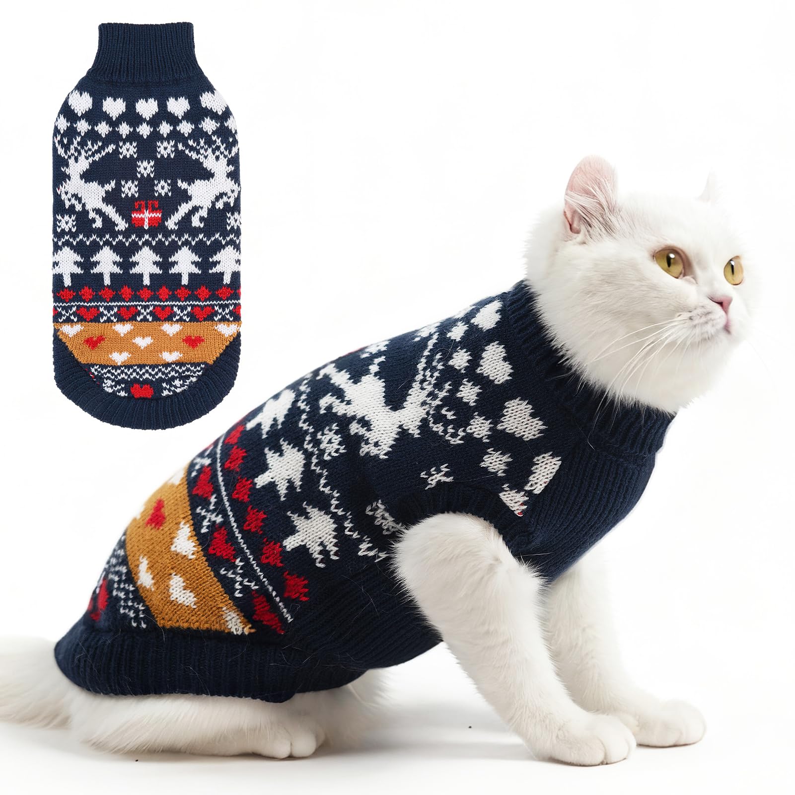 PUPTECK Christmas cat sweater navy front view for warm, festive wear