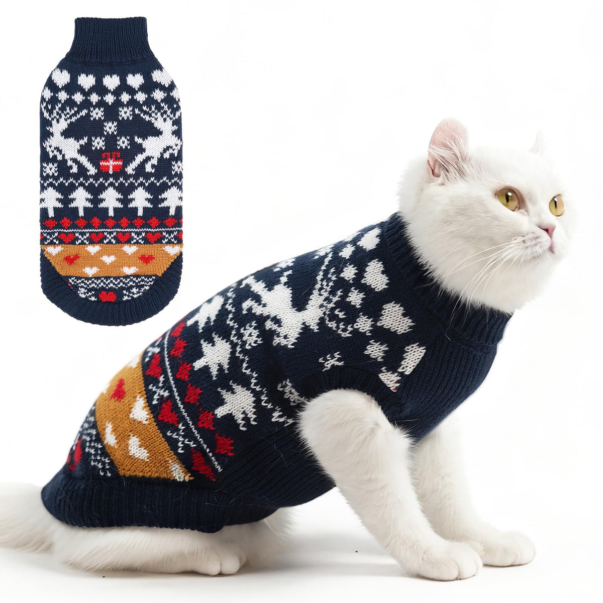 PUPTECK Christmas cat sweater navy front view for warm, festive wear