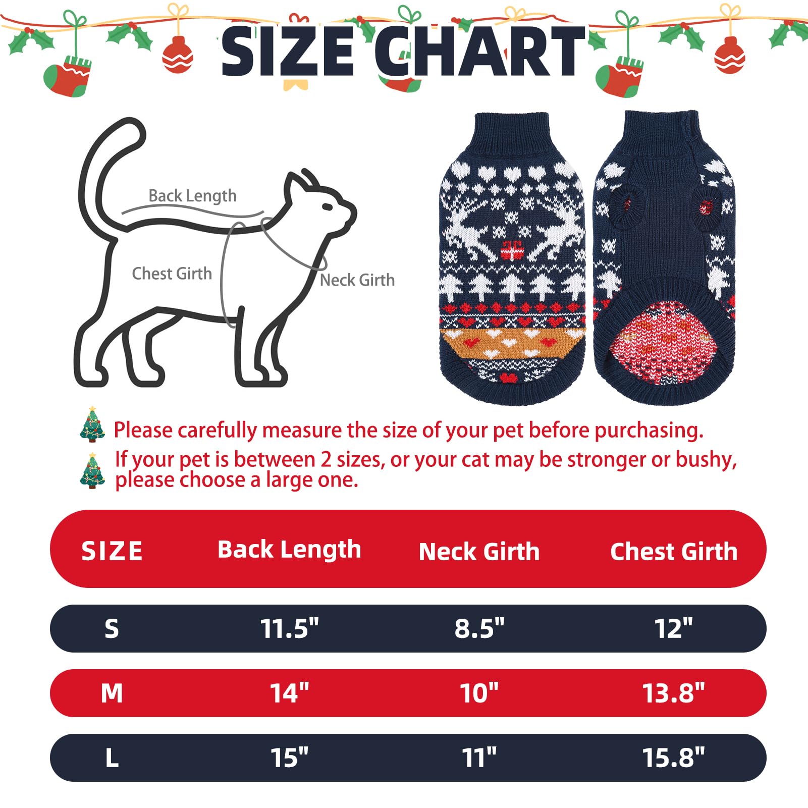PUPTECK Christmas cat sweater navy side view shows flexible, comfortable fit