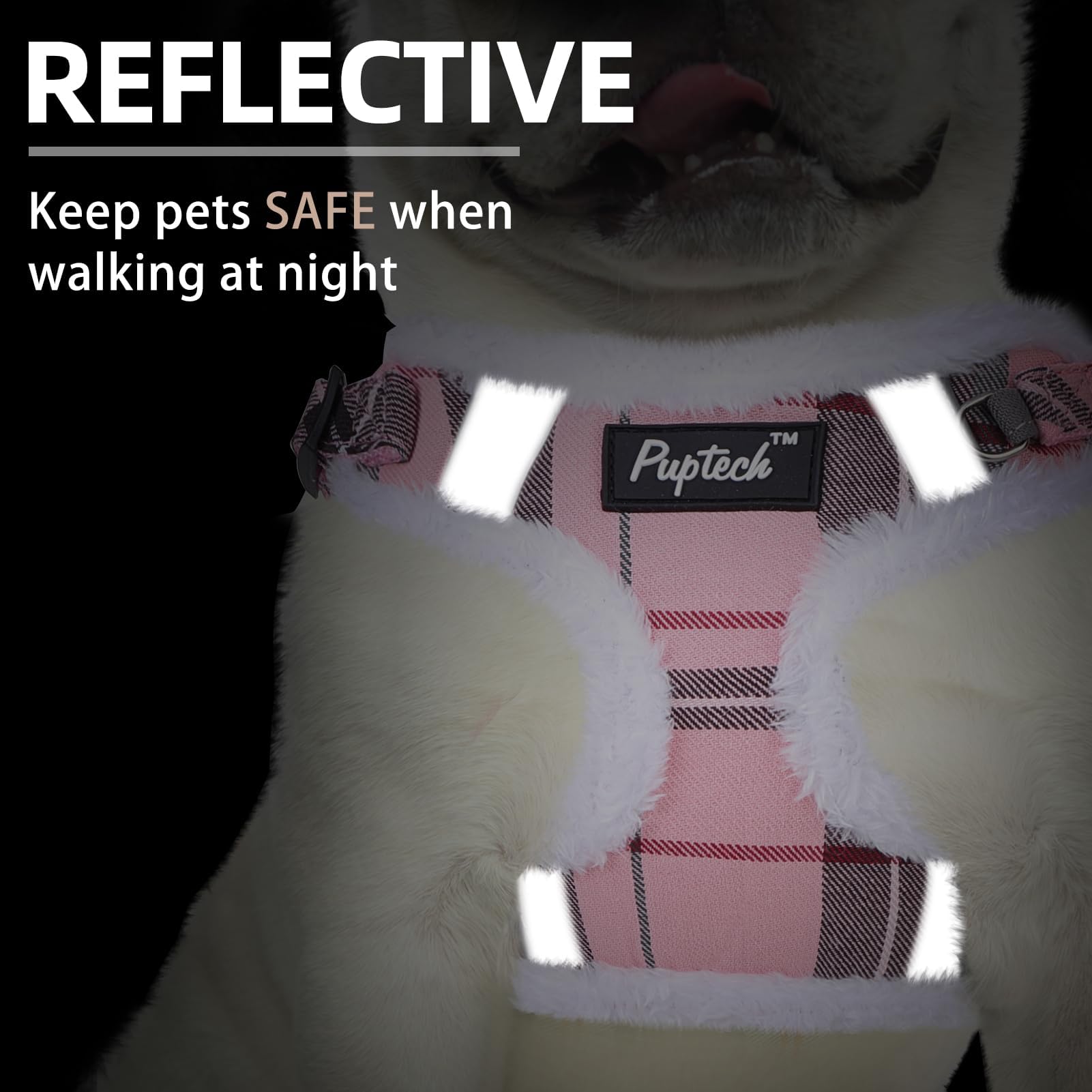 PUPTECK harness demonstrates no-pull chest design reducing neck strain.