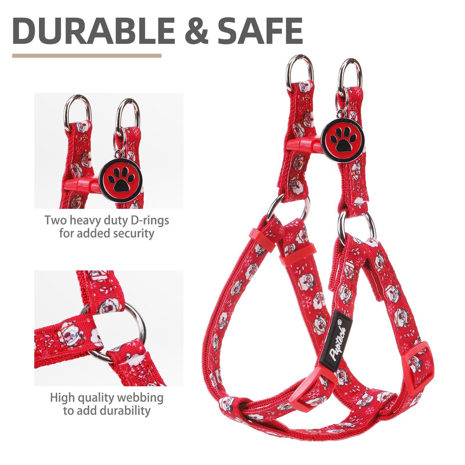 PUPTECK No Pull Christmas harness front view with ID tag highlights secure fit.