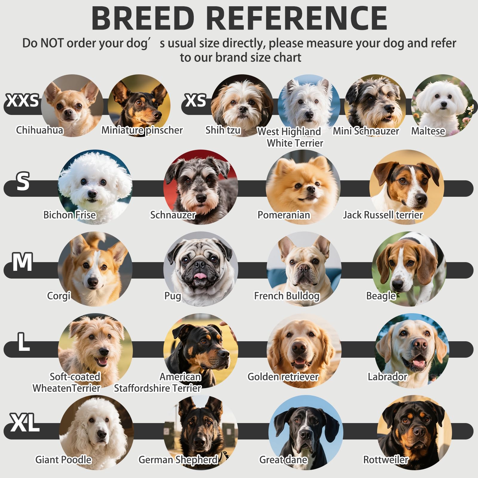 PUPTECK size-guide image shows five size options for paw width