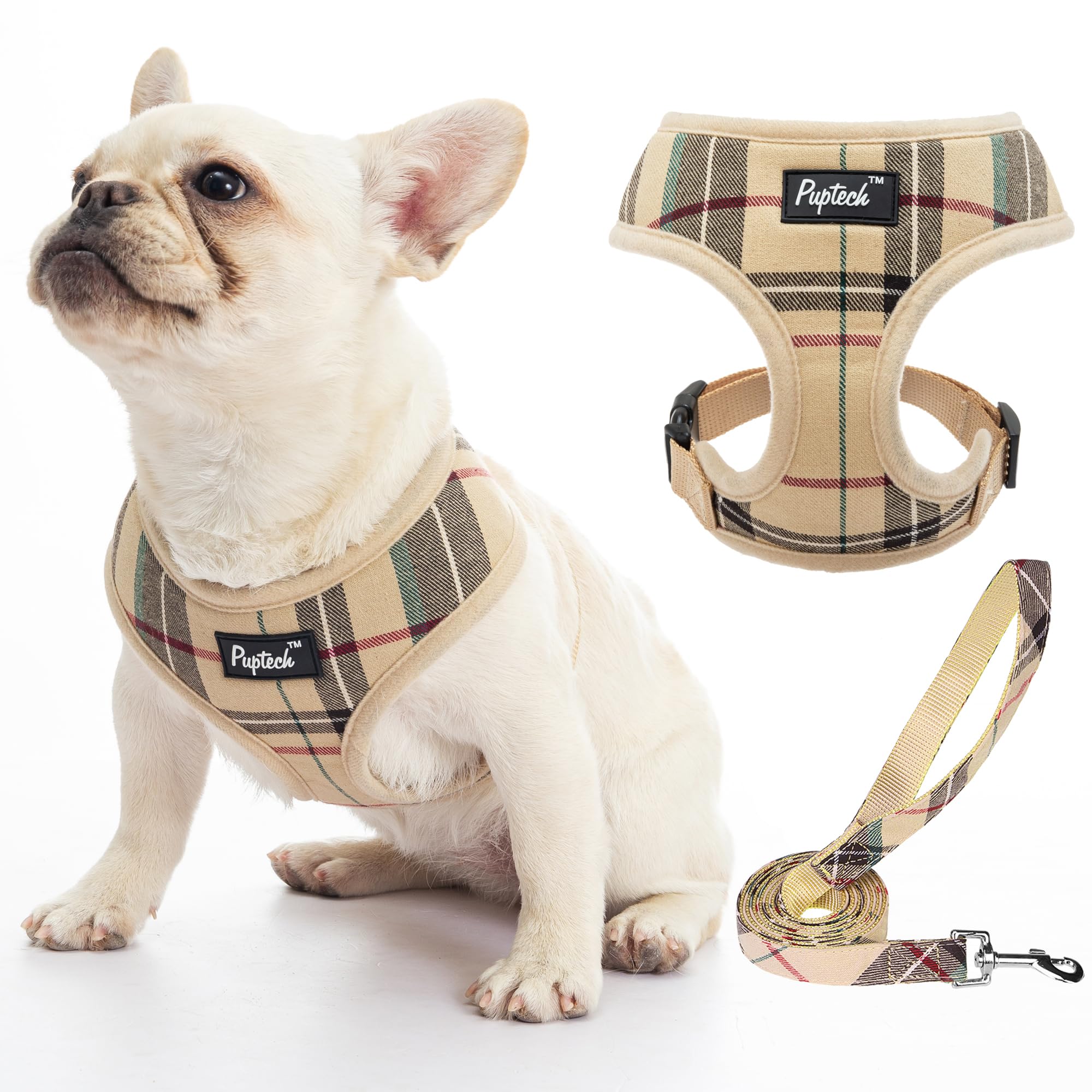 PUPTECK soft mesh harness close-up showcases plaid pattern for stylish daily walks.