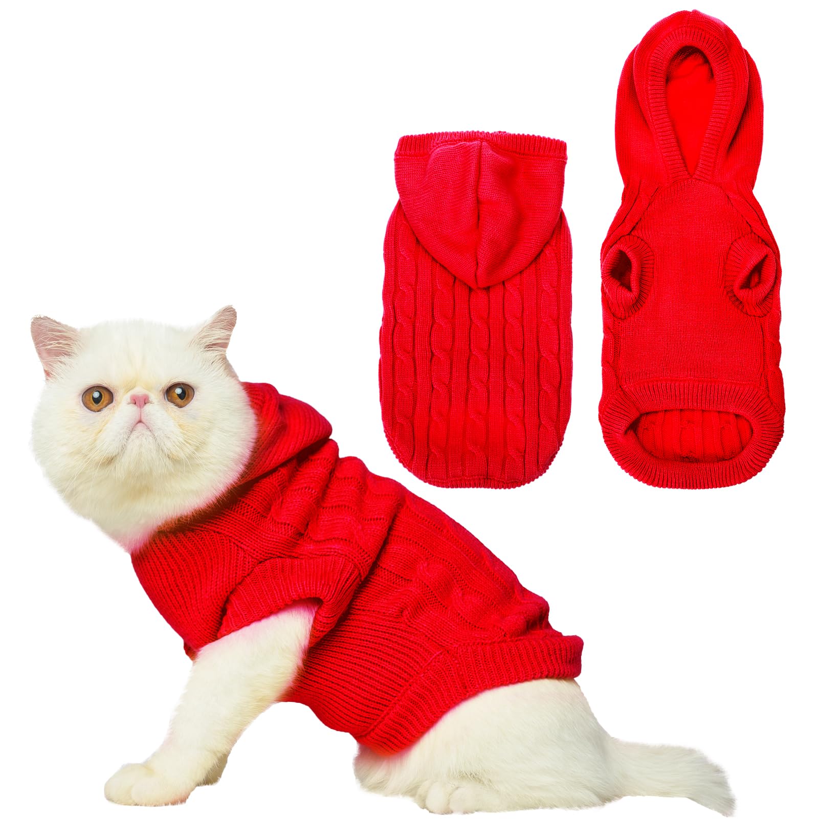 PUPTECK winter hooded red sweater for dogs and cats, cozy cold-weather wear