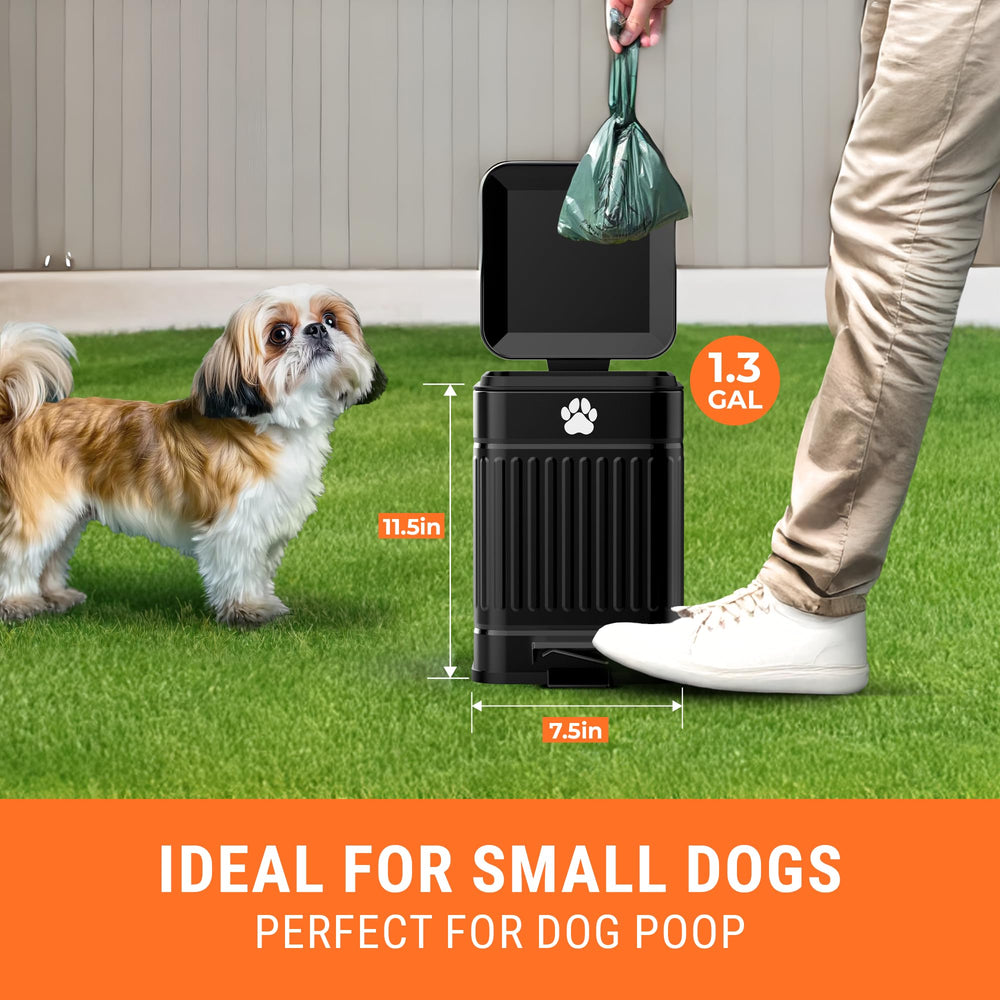 Pupzle metal dog waste bin with foot pedal for hands-free use.