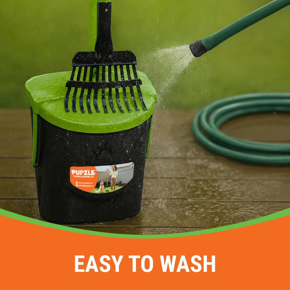 Pupzle rust-resistant-steel-rake provides durable waste pickup in one pass.