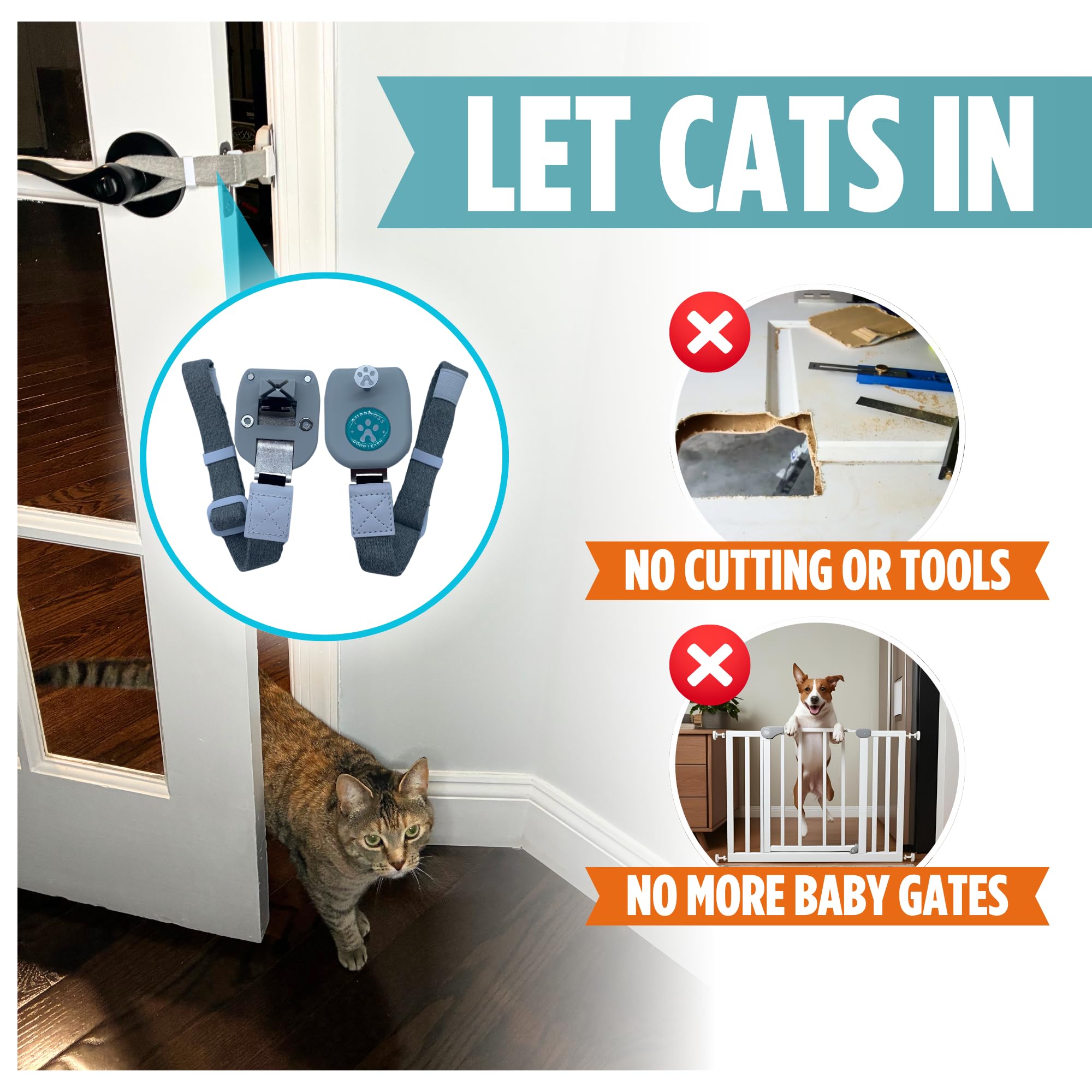 Purrboss Door Leash ajar door demonstrates cat access while keeping dogs out.