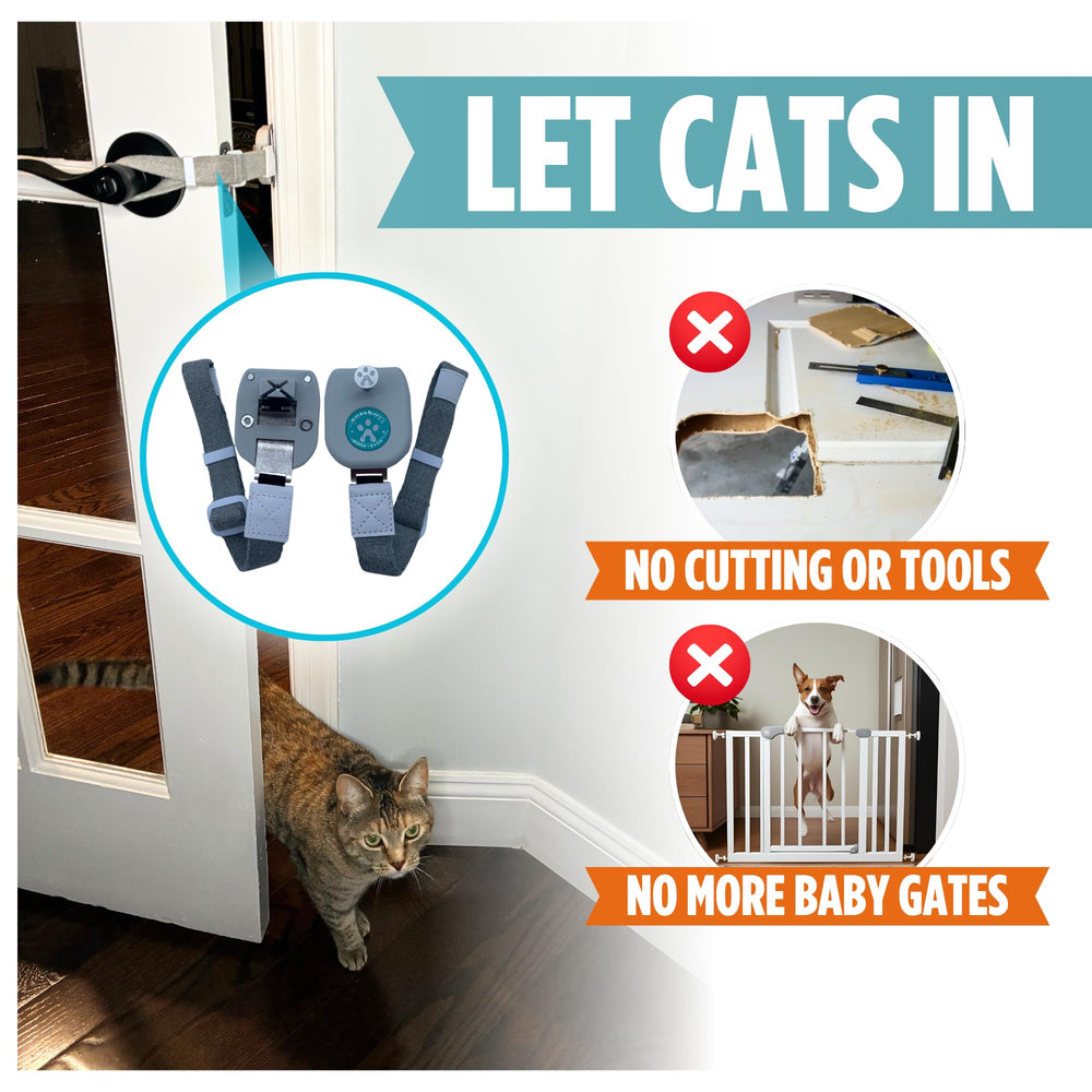 Purrboss Door Leash ajar door demonstrates cat access while keeping dogs out.