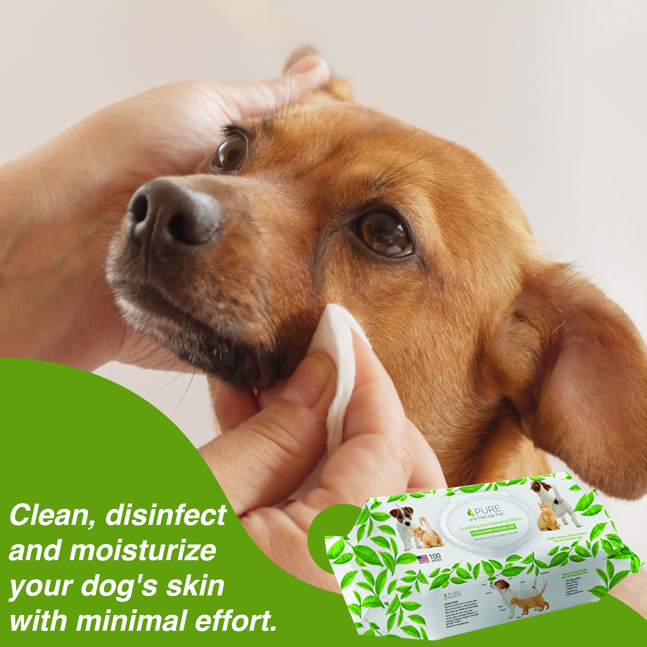 Pure and Natural Pet grooming wipes face paw cleaning demonstrates versatile use for quick freshening