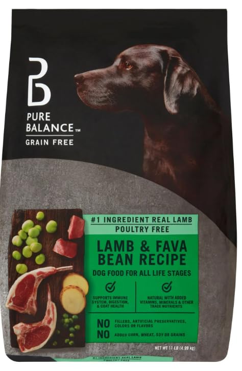 Pure Balance Lamb and Fava Bean dry dog food in a bowl, supports everyday energy with real lamb first.