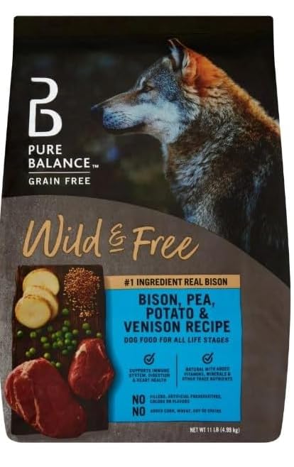 Pure Balance Wild Free real-bison-first-ingredient dog food shown; supports lean muscle and energy.