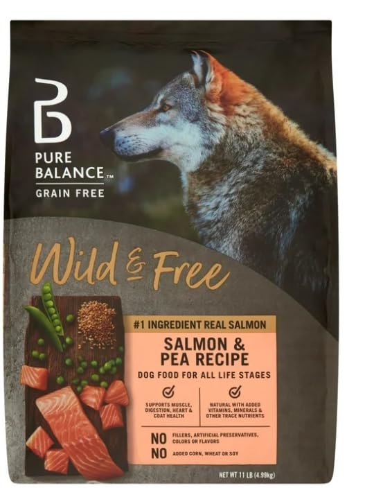Pure Balance Wild & Free salmon-kibble close-up shows real salmon for muscle support.
