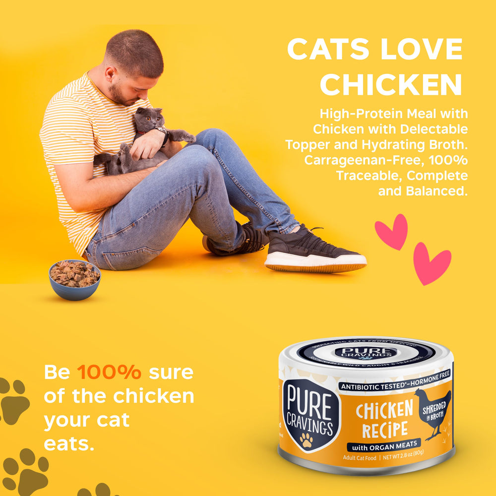 Pure Cravings Chicken Recipe 12-pack image emphasizes convenient, premium cat food for regular meals.