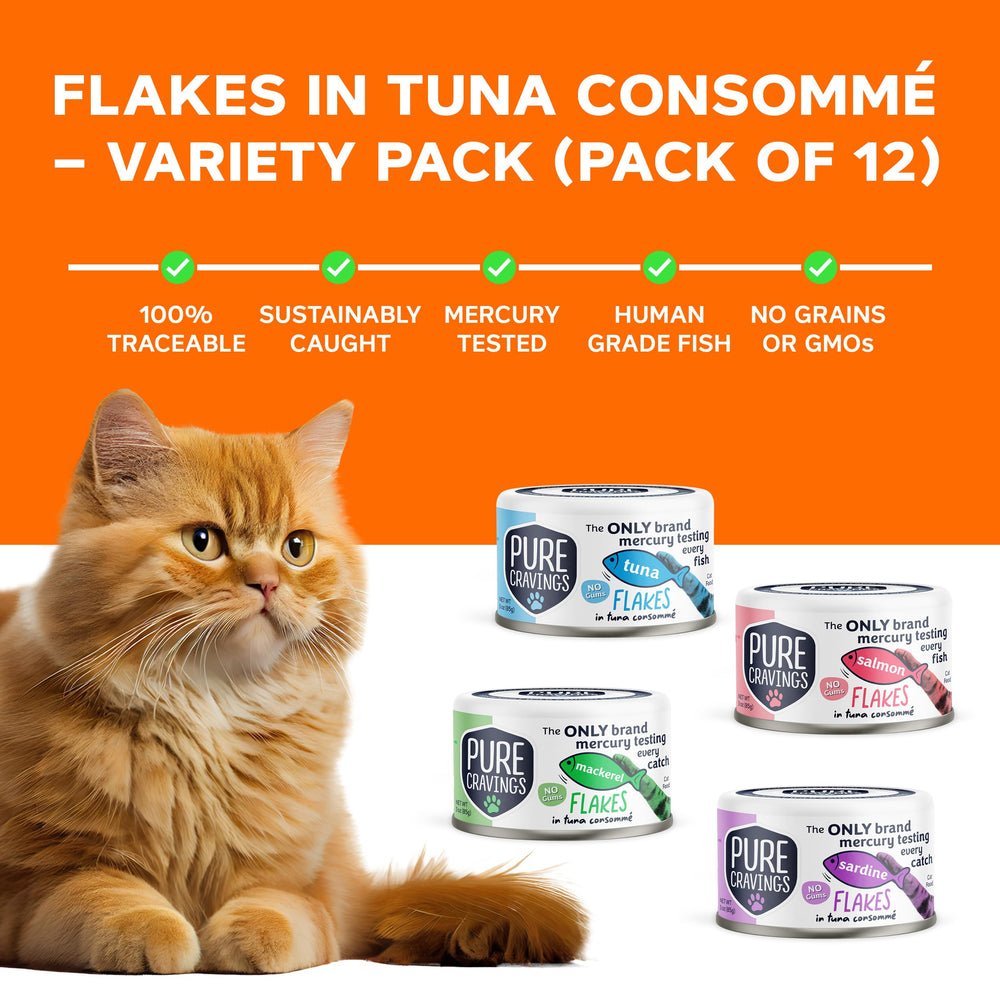 Pure Cravings Flakes Variety Pack tin lineup—four flavors to tempt picky eaters.