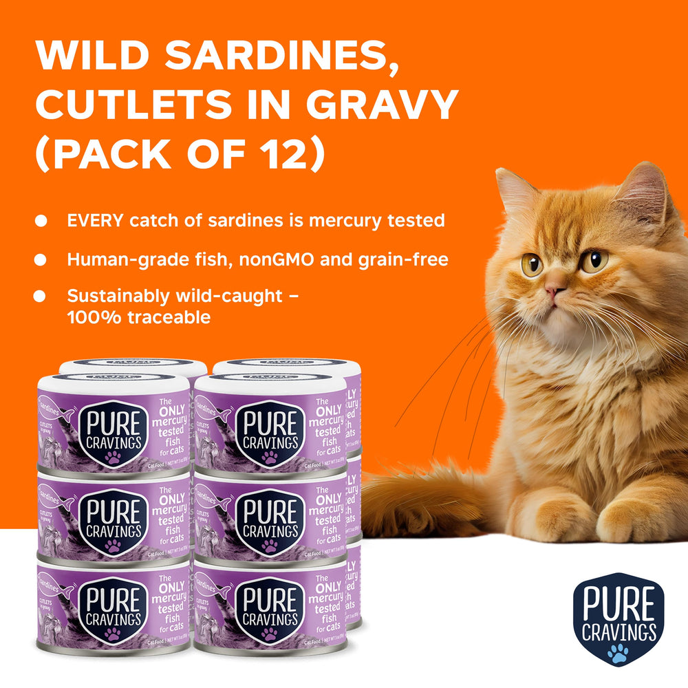 Pure Cravings sardines cutlets in gravy served in cat-friendly bowl for nourishment.