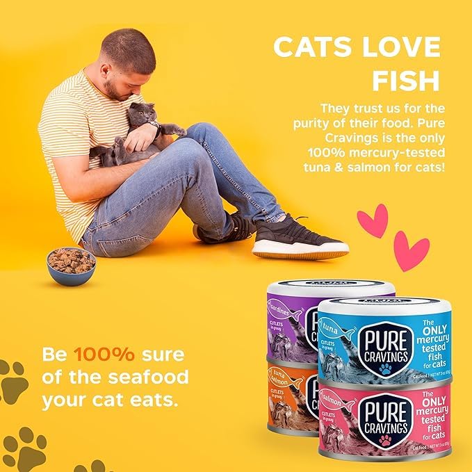 Pure Cravings tuna-salmon in gravy cat food can highlights moisture