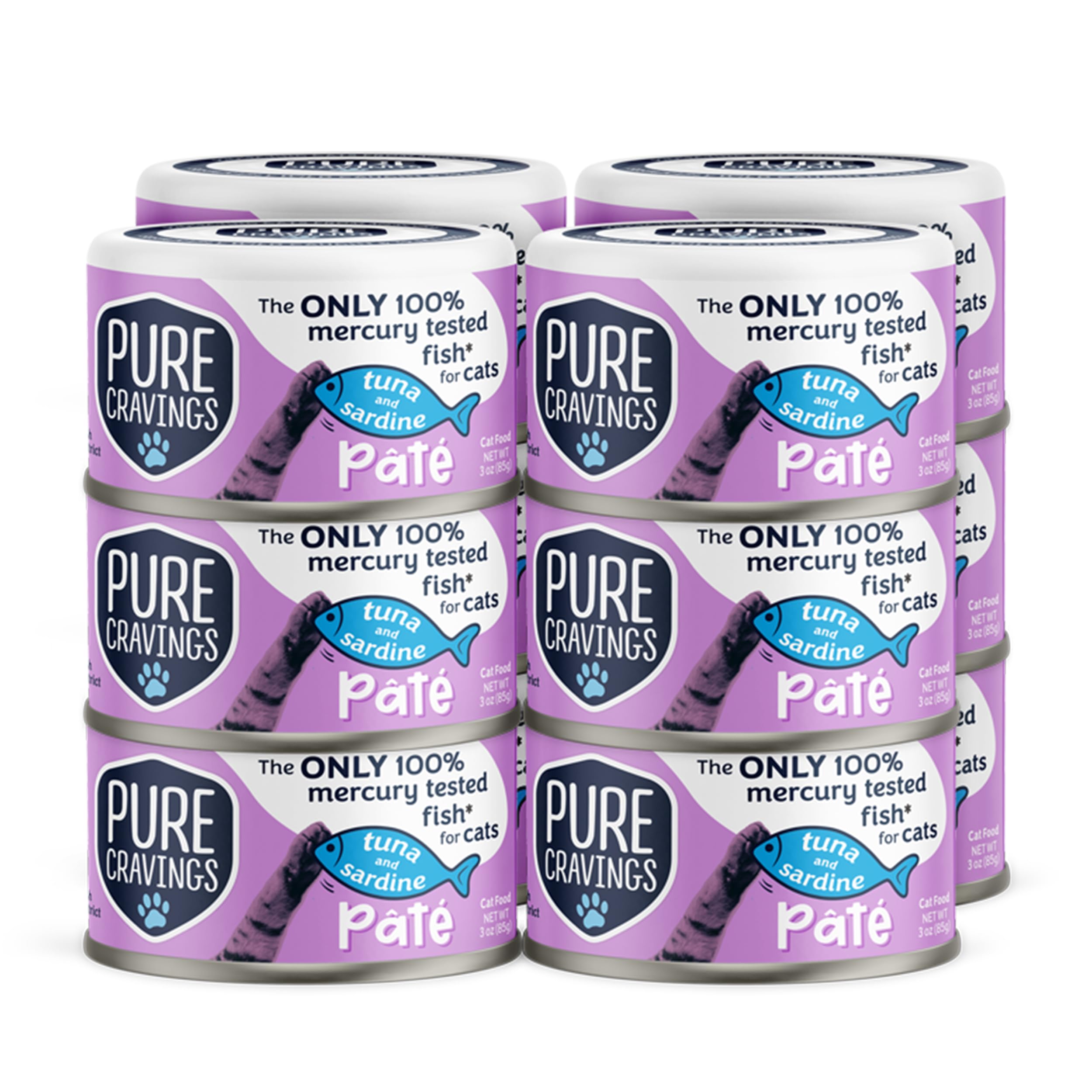 Pure Cravings tuna-sardine pate can close-up showing texture for cats