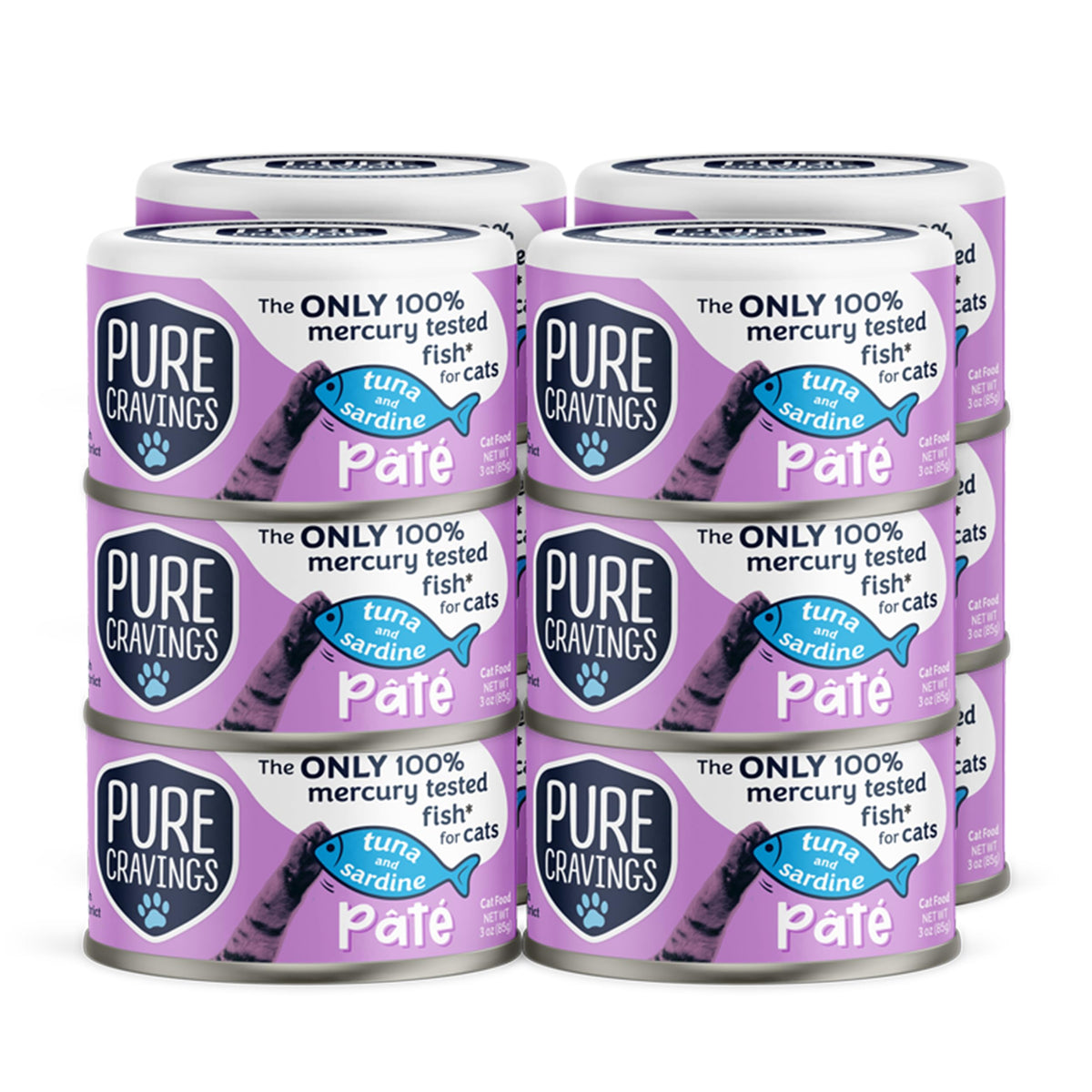 Pure Cravings tuna-sardine pate can close-up showing texture for cats