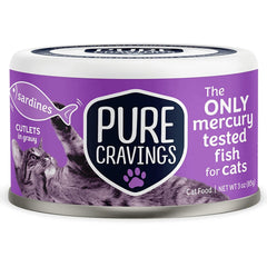 Pure Cravings sardines cutlets in gravy closeup showing high-quality fish for cats.