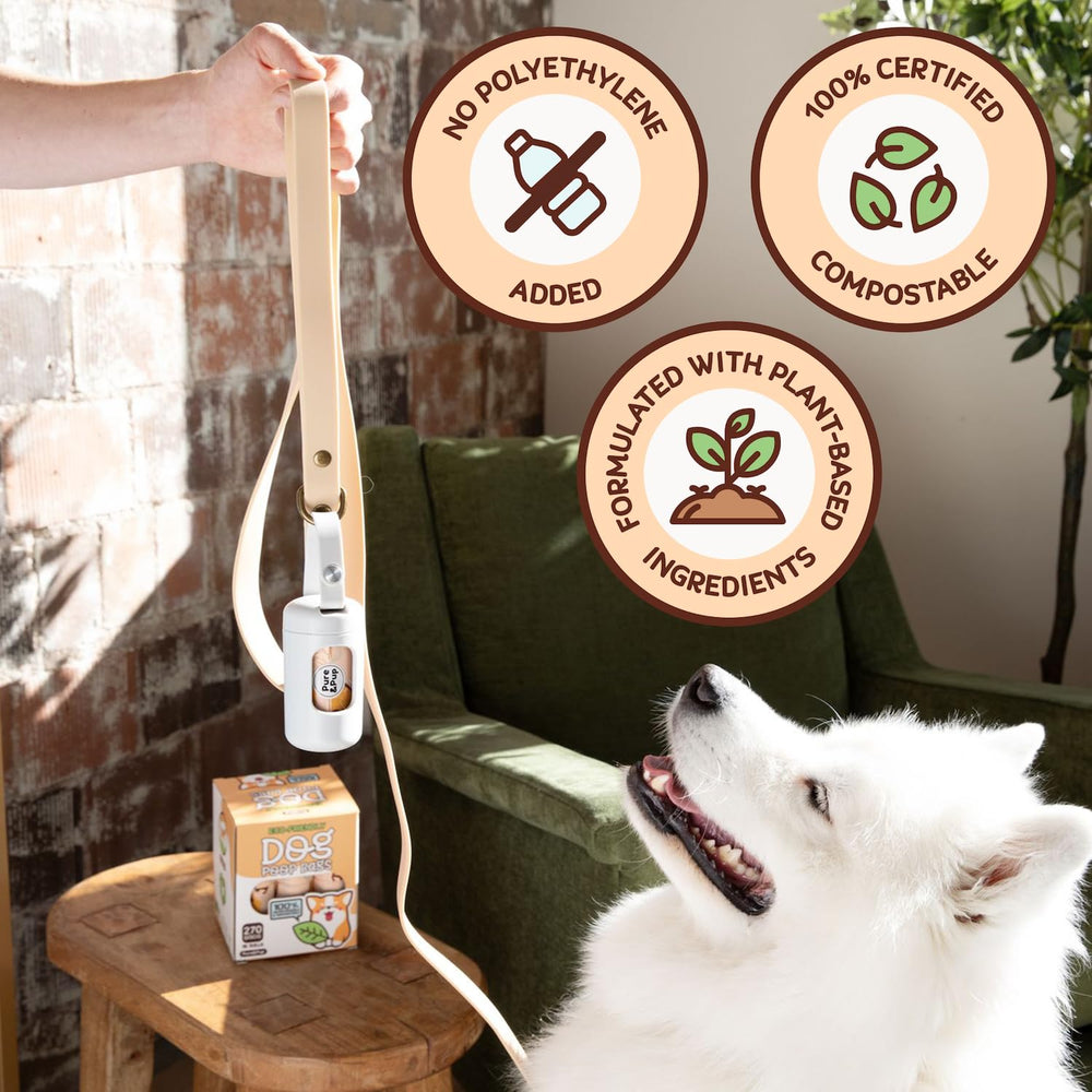 Pure & Pup compostable bags with perforated tear seams for easy dispensing.