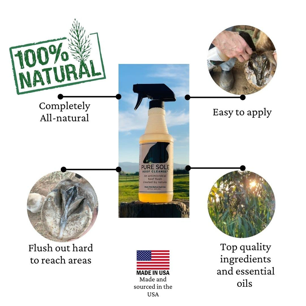 Pure Sole daily-use spray shown for hoof care routine.