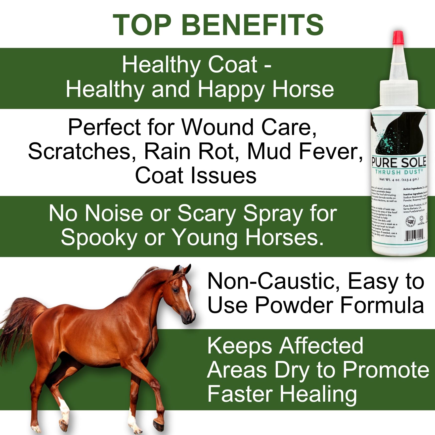 Pure Sole hoof powder fine dusting demonstrates quick-drying action on a hoof