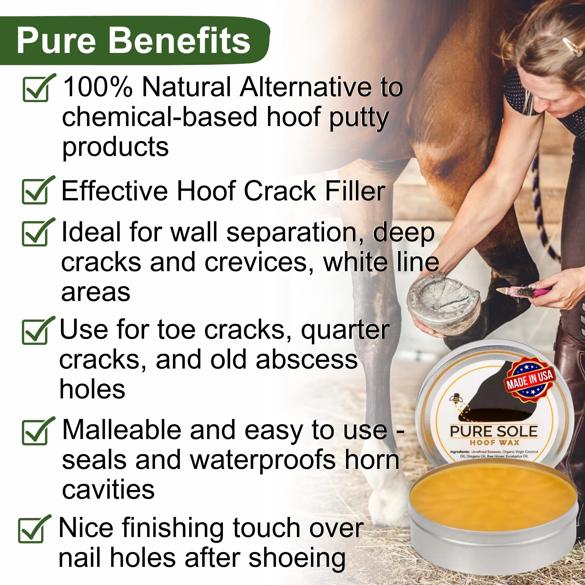Pure Sole Hoof Wax in hand shows malleable, easy-to-apply texture.